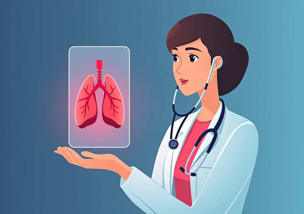  illustration woman doctor with stethoscope while holding virtual lungs in hand.