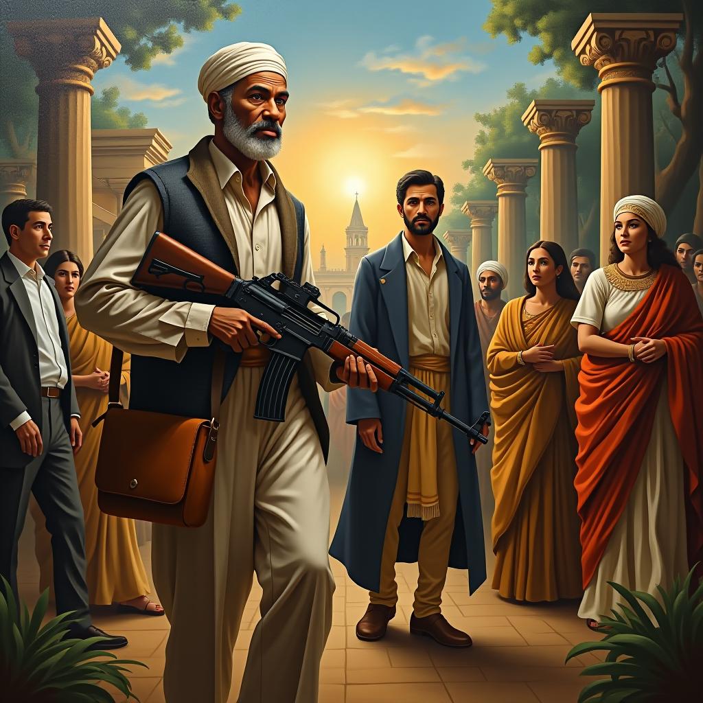  create a high quality, photorealistic image that vividly depicts the following scene: hyper realistic oil painting of a rich and lively tableau, intertwining momentous events throughout history. visible key figures to include harriet tubman leading slaves along the underground railroad, kalashnikov showing off his creation, the ak 47, a depiction of the ancient greek vending machine in the vicinity, and a babylonian couple mid ceremony. the facial expressions of the characters should evoke optimism, fascination, and shock. the background should blend the verdant forest symbolizing the underground railroad with intricate babylonian structures and the cityscape of ancient greece. subtle artistic lighting to enhance the overall scene, ill hyperrealistic, full body, detailed clothing, highly detailed, cinematic lighting, stunningly beautiful, intricate, sharp focus, f/1. 8, 85mm, (centered image composition), (professionally color graded), ((bright soft diffused light)), volumetric fog, trending on instagram, trending on tumblr, HDR 4K, 8K