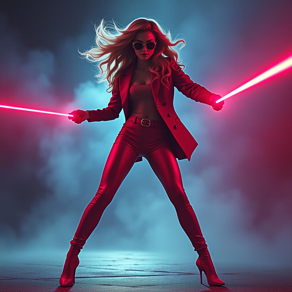  3. a parody style poster of a movie titled 'high heels and laser beams,' showing a fashionable secret agent woman in a fight pose targeting aliens with her heel lasers. the graphics should be neon, explosive, and evokes giggles. small text 'astravision' at bottom right corner. hyperrealistic, full body, detailed clothing, highly detailed, cinematic lighting, stunningly beautiful, intricate, sharp focus, f/1. 8, 85mm, (centered image composition), (professionally color graded), ((bright soft diffused light)), volumetric fog, trending on instagram, trending on tumblr, HDR 4K, 8K