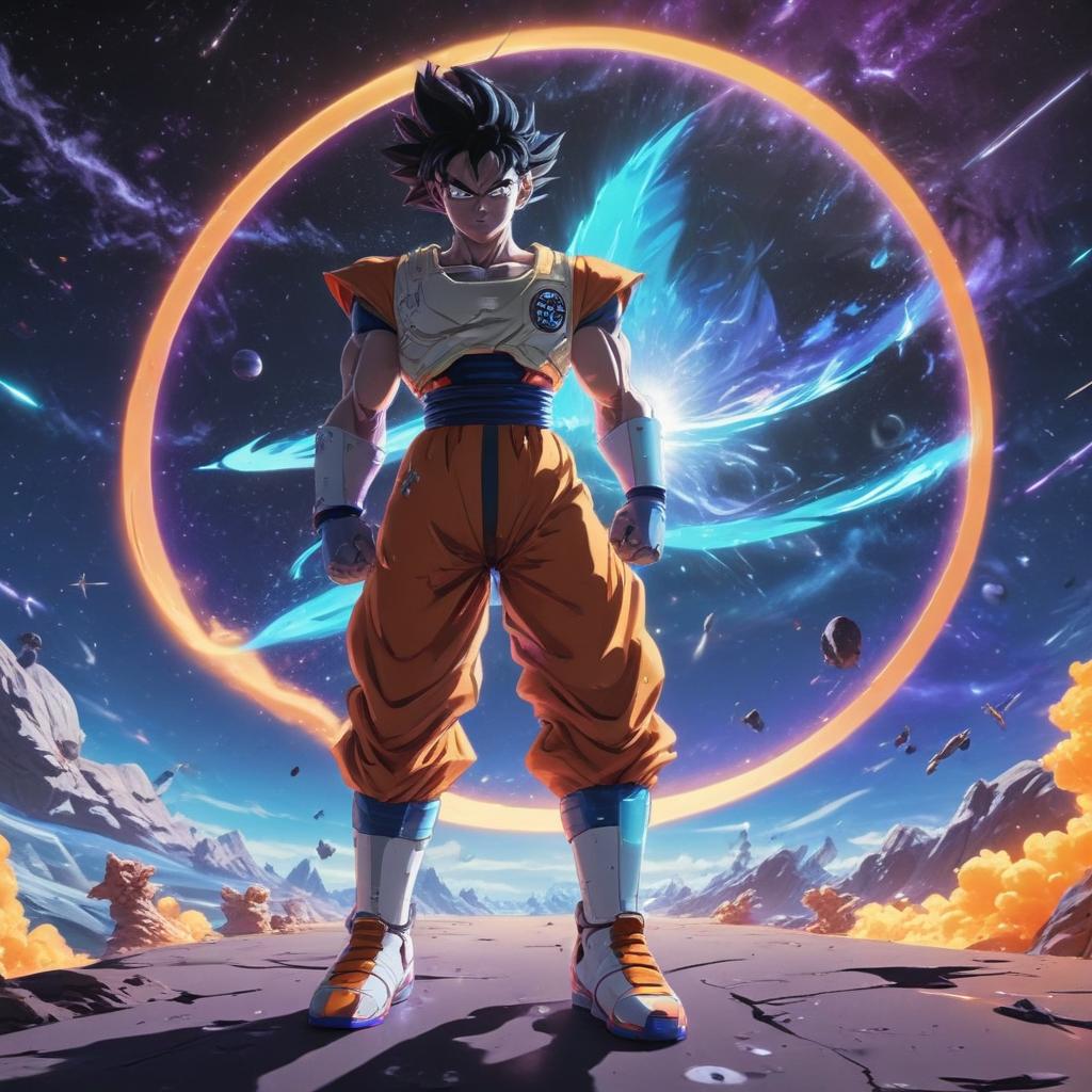 distance-shot, flashy, full-body, dynamic, holographic, animated cartoon poster of space in the style of dragon ball super