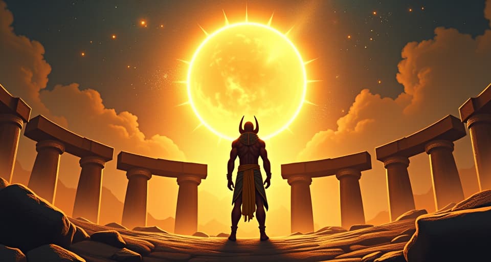  a celestial alignment seen from an ancient stone circle, with a large busted guardian in tight ceremonial garb, basking in the light, symbolizing unparalleled cosmic alignment. the style is digital art illustration / modern comic book / mysterious occult, symbolic, esoteric vibe,high detail on character design, incorporating ancient egyptian symbology and attire.