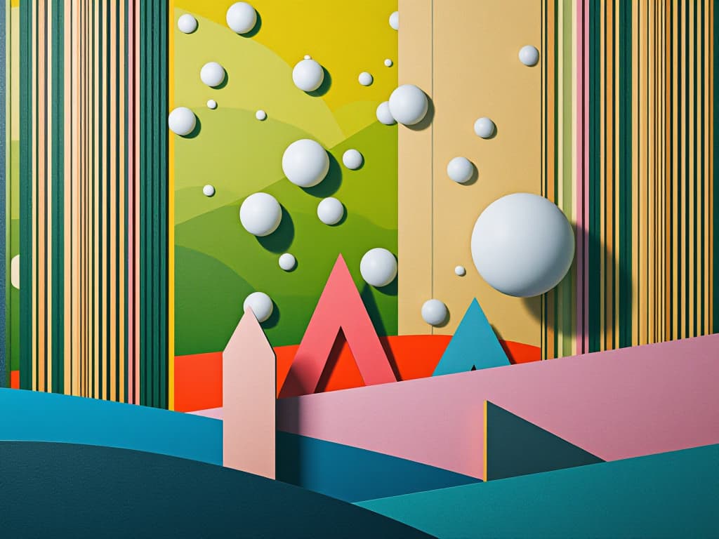  modern, abstract art piece featuring a combination of vertical lines and geometric shapes. the layout includes a series of vertical, multicolored lines that create a sense of depth and texture. the background consists of a gradient of green and yellow hues, resembling a field, with white spherical shapes distributed throughout, adding a three dimensional effect. in the foreground, there are pink and blue triangular forms that appear to be rising from the bottom, contributing to the layered composition. the overall style is contemporary and visually dynamic, with a focus on color contrast and spatial arrangement.