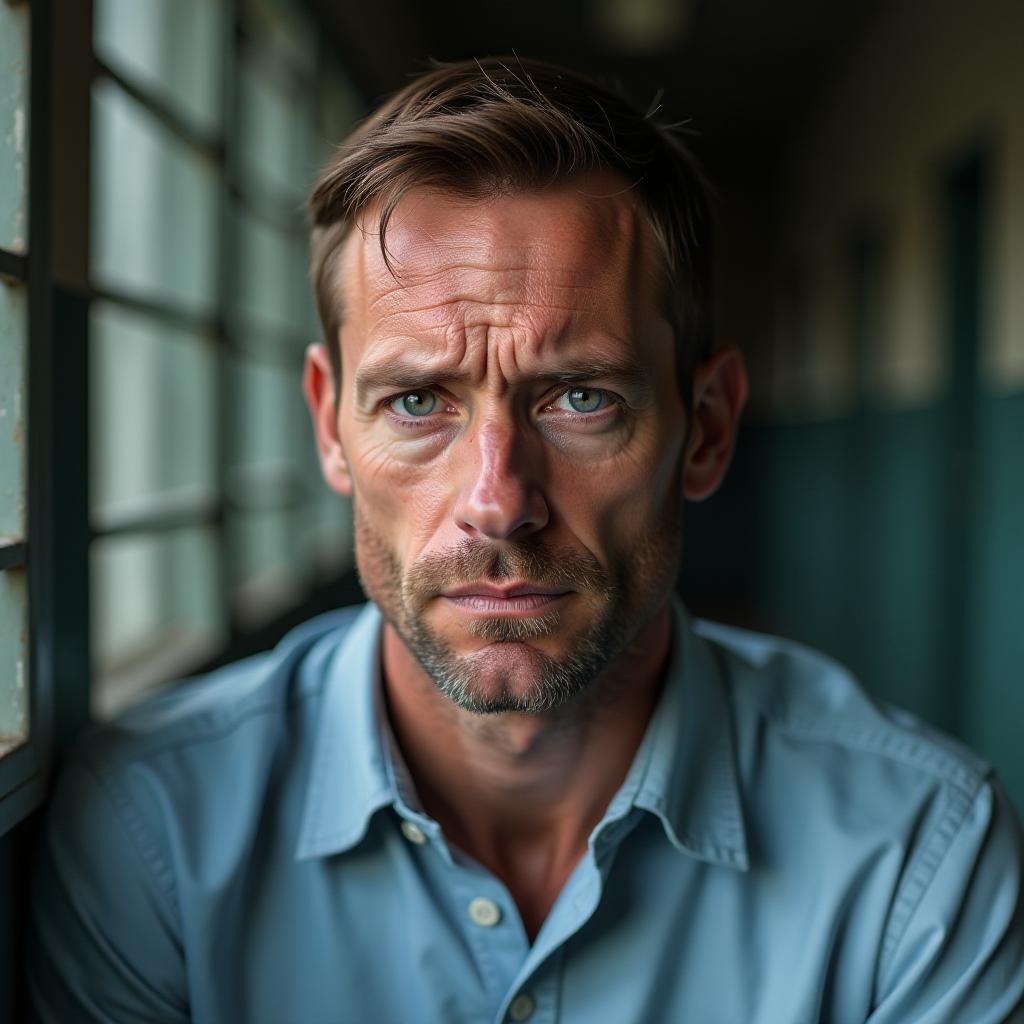  henry moore: "a hyper realistic headshot of a caucasian male in his mid 30s with short cropped brown hair, stubble, and tired blue eyes. he is looking directly into the camera with a look of exhaustion and quiet despair. he is wearing a light blue button up shirt, and the background is a softly blurred prison setting, with the faint outline of bars visible.", high quality, high details, hd, perfect composition, 4k epic detailed, highly detailed, sharp focus, high resolution