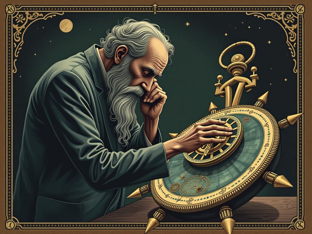  a master clockmaker, meticulously crafting a cosmic clock, gears and cogs with celestial symbols, serene face, cosmic background. an illustration in the style of a worn, mystical old tarot trump card, mysterious and elements of surrealism. the colors are muted, somber and eerie, but with contrast bring out an occult and esoteric vibe.