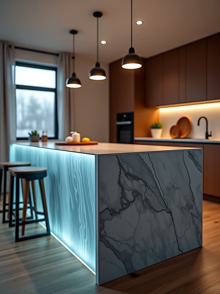  high quality portrait photo of a stunning kitchen island with a waterfall countertop, featuring hidden electrical outlets and a built in cutting board, illuminated by pendant lights hyperrealistic, full body, detailed clothing, highly detailed, cinematic lighting, stunningly beautiful, intricate, sharp focus, f/1. 8, 85mm, (centered image composition), (professionally color graded), ((bright soft diffused light)), volumetric fog, trending on instagram, trending on tumblr, HDR 4K, 8K