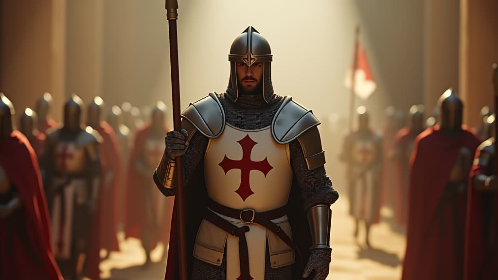  images about historical curiosities, an image illustrating hugo de payens, the first grand master of the templars, leading his fellow knights in the sacred grounds of jerusalem. hyperrealistic, full body, detailed clothing, highly detailed, cinematic lighting, stunningly beautiful, intricate, sharp focus, f/1. 8, 85mm, (centered image composition), (professionally color graded), ((bright soft diffused light)), volumetric fog, trending on instagram, trending on tumblr, HDR 4K, 8K