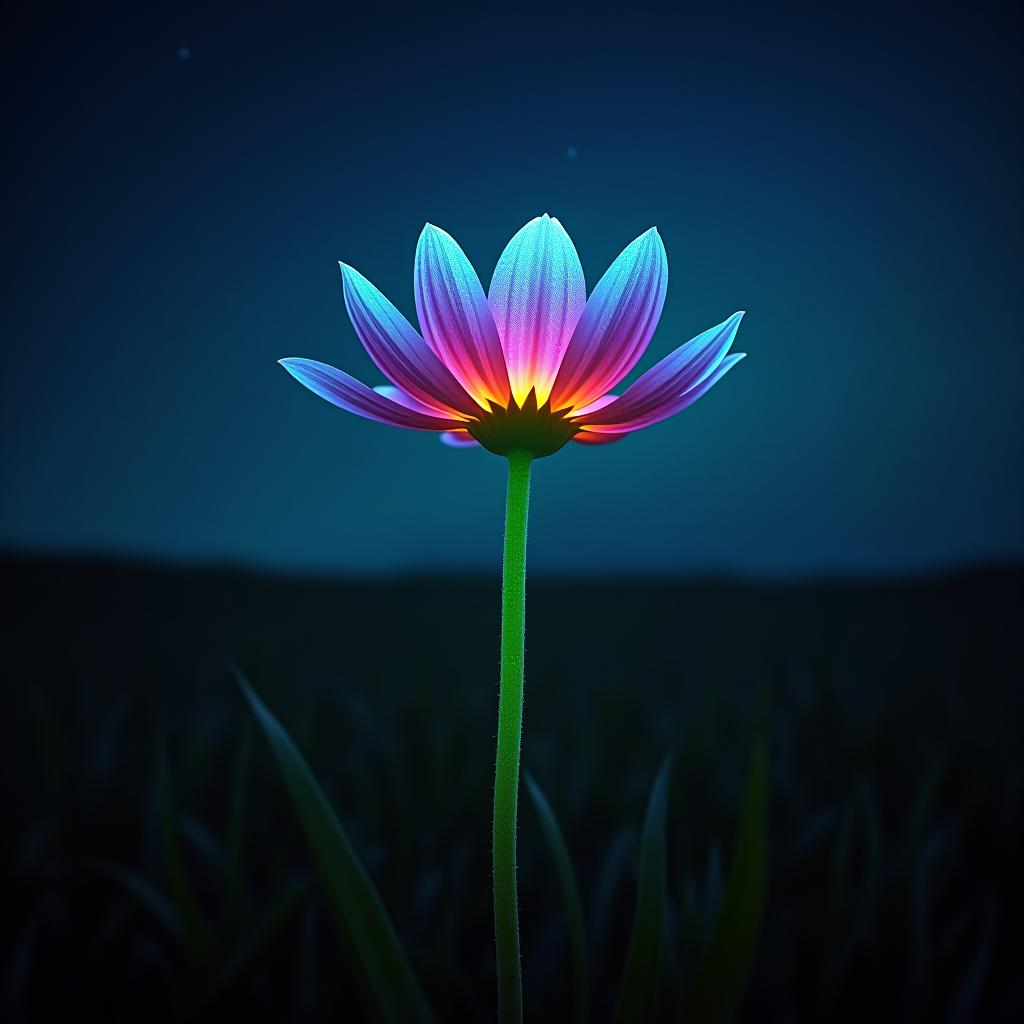  a detailed photo of a flower that stands alone in a dark field. each petal of the flower has the colours and the shimmering illusion of an aurora borealis on each individual petal. the stem is made of a thick green fibrous material and is glowing beneath a dark starry midnight sky.