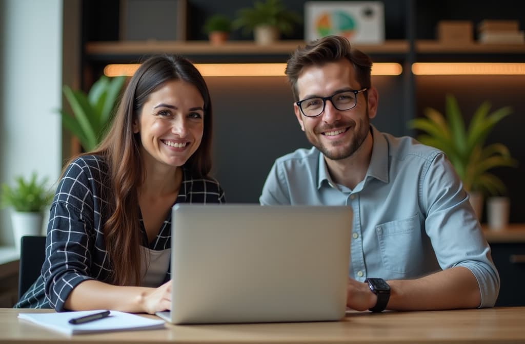  two employees proud of their achievement done in the laptop on withe background ar 3:2 {prompt}, maximum details