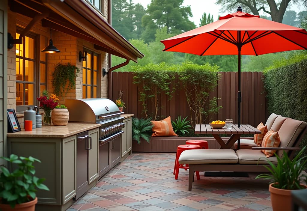  a landscape photo of an outdoor kitchen area with a child safe grill, colorful dining set, and a nearby pet lounging area with shade, all on a patterned tile patio hyperrealistic, full body, detailed clothing, highly detailed, cinematic lighting, stunningly beautiful, intricate, sharp focus, f/1. 8, 85mm, (centered image composition), (professionally color graded), ((bright soft diffused light)), volumetric fog, trending on instagram, trending on tumblr, HDR 4K, 8K