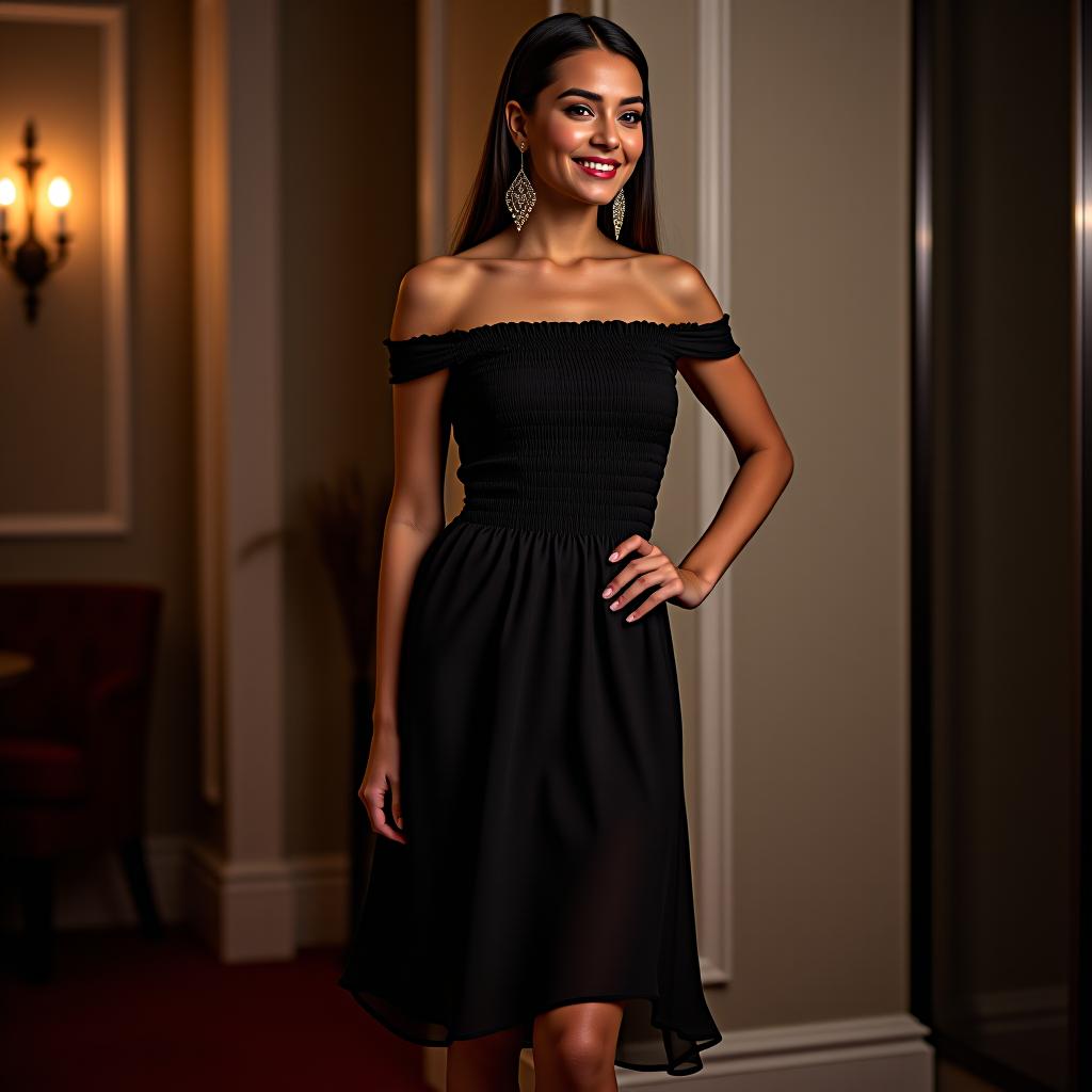  create a high resolution image of a full body woman wearing a slim fit, sleeveless, off shoulder mini cocktail dress with a curved hem, made from lightweight, smooth, black chiffon fabric, featuring a solid design, smocked details, and suitable for weddings, set in a sophisticated evening backdrop with the woman elegantly posed with one hand on her hip and a confident smile.