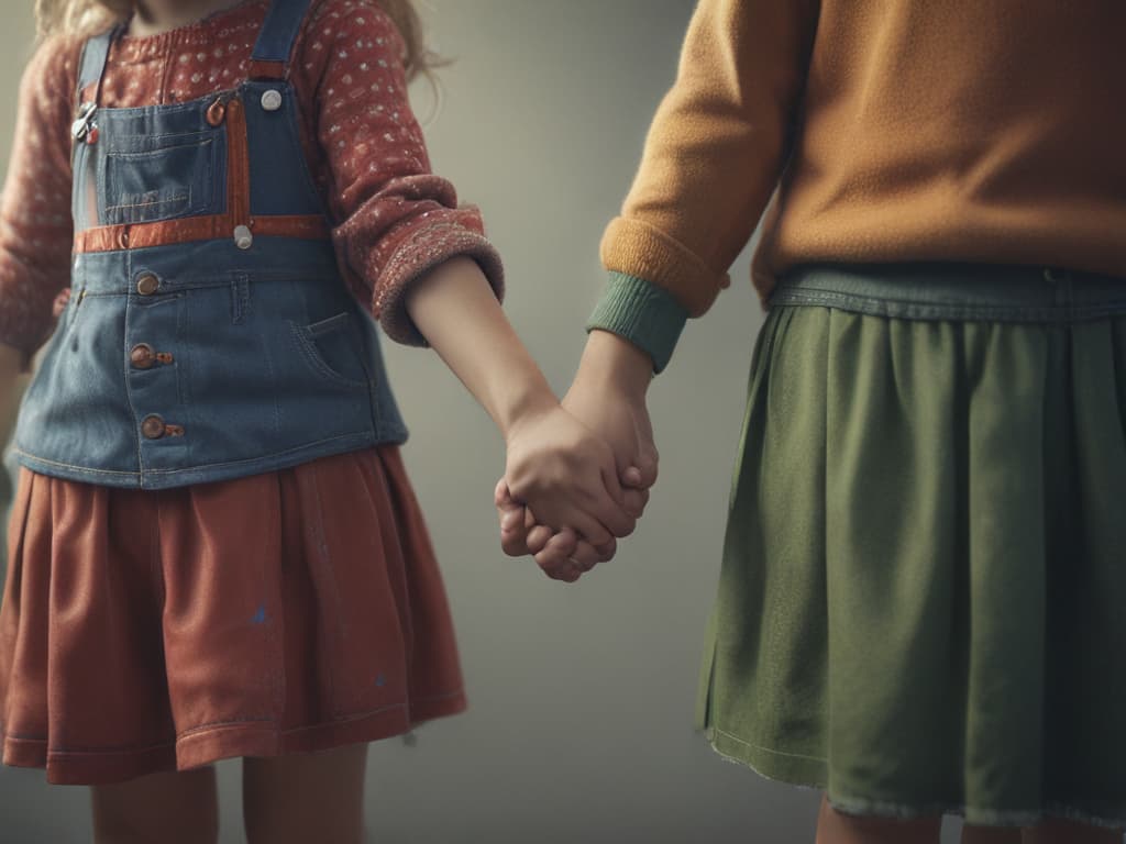 ultra realistic ((ultra realistic ((two children holding hands and smiling)))) hyperrealistic, full body, detailed clothing, highly detailed, cinematic lighting, stunningly beautiful, intricate, sharp focus, f/1. 8, 85mm, (centered image composition), (professionally color graded), ((bright soft diffused light)), volumetric fog, trending on instagram, trending on tumblr, HDR 4K, 8K