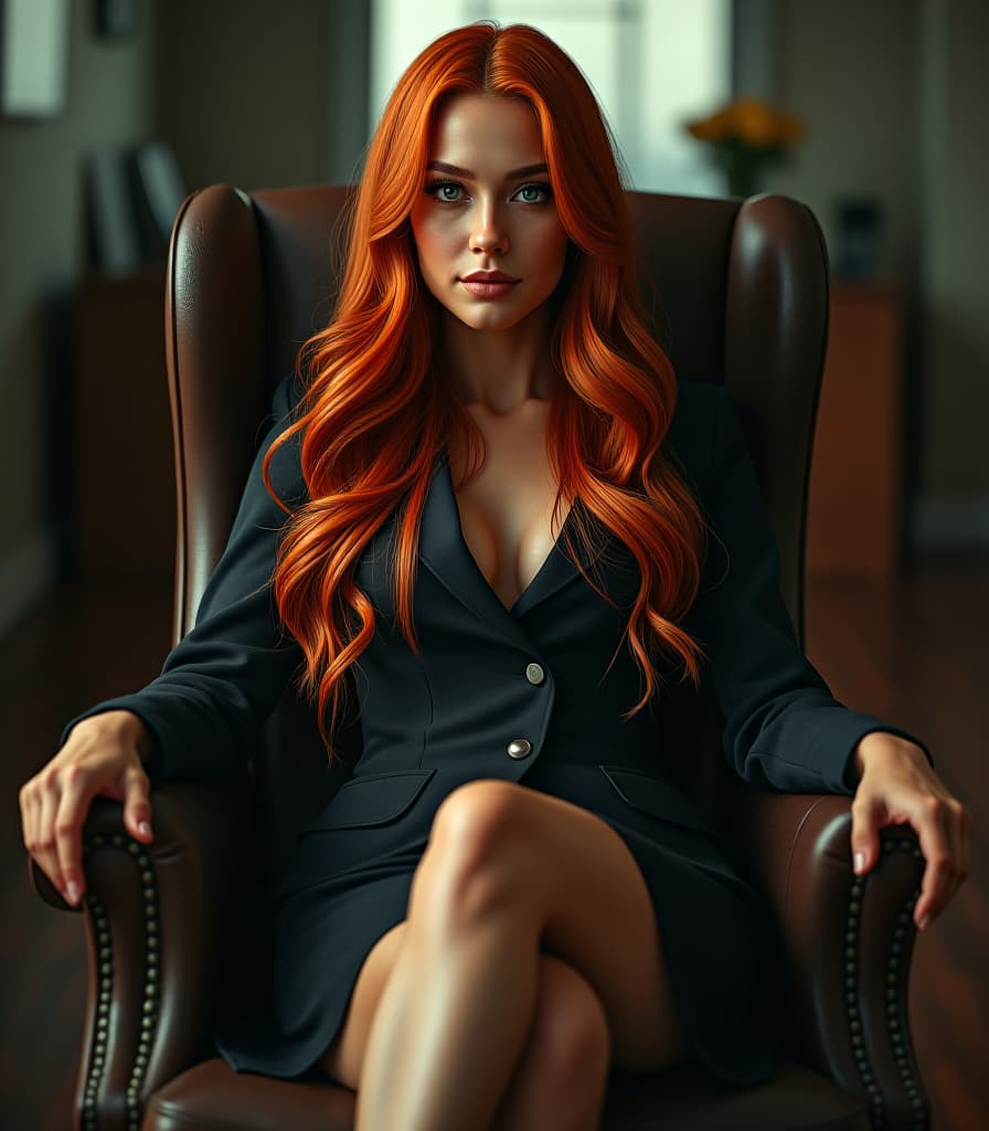  hyperrealistic art a woman in a strict business suit. a jacket, a skirt. red long hair. he's in the chair, his leg. strict eyes. downstairs. . extremely high resolution details, photographic, realism pushed to extreme, fine texture, incredibly lifelike hyperrealistic, full body, detailed clothing, highly detailed, cinematic lighting, stunningly beautiful, intricate, sharp focus, f/1. 8, 85mm, (centered image composition), (professionally color graded), ((bright soft diffused light)), volumetric fog, trending on instagram, trending on tumblr, HDR 4K, 8K