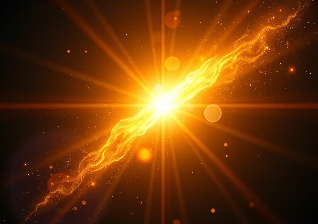  dynamic cosmic eruption: a vibrant yellow celestial explosion on a black background with glittering golden solar flares, digital lens flares, and color balanced beams