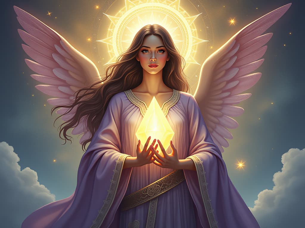  ethereal being, glowing robes, holding a luminous crystal, surrounded by celestial patterns, atmosphere of truth and self actualization. the style is digital art illustration,highly detailed, whimsical,magical, dreamlike atmosphere, realism and fantasy blend, smooth, glossy textures,luminous quality, wonder and enchantment.