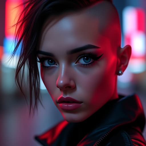  ultra realistic close up portrait ((beautiful pale cyberpunk female with heavy black eyeliner)), blue eyes, shaved side haircut, hyper detail, cinematic lighting, magic neon, dark red city, canon eos r3, nikon, f/1.4, iso 200, 1/160s, 8k, raw, unedited, symmetrical balance, in frame, 8k hyperrealistic, full body, detailed clothing, highly detailed, cinematic lighting, stunningly beautiful, intricate, sharp focus, f/1. 8, 85mm, (centered image composition), (professionally color graded), ((bright soft diffused light)), volumetric fog, trending on instagram, trending on tumblr, HDR 4K, 8K