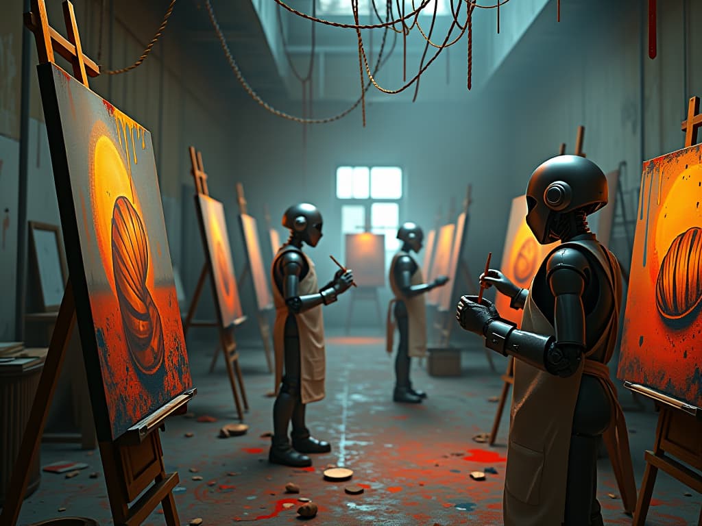  cinematic, concept art: in the heart of the abandoned art studio churlionis (mikalojus konstantinas ciurlionis) unfolds a surreal scene in the style of ben templesmith. a group of robots, metal bodies are covered with aprons sprayed with paint, robots diligently create artistic masterpieces; thanks to cinematic volumetric lighting that creates an unearthly glow, robots carefully paint many bright mollusks on canvases and their creations radiate a sense of otherworldly wonder among the fading splendor of the room or gallery or studio. tangled wires hang from the ceiling serve as a counterpoint to the skill of robots, hinting at a destroyed world but at the same time beautiful; among the bright colors in the air hovers a sense of nostalgia an hyperrealistic, full body, detailed clothing, highly detailed, cinematic lighting, stunningly beautiful, intricate, sharp focus, f/1. 8, 85mm, (centered image composition), (professionally color graded), ((bright soft diffused light)), volumetric fog, trending on instagram, trending on tumblr, HDR 4K, 8K