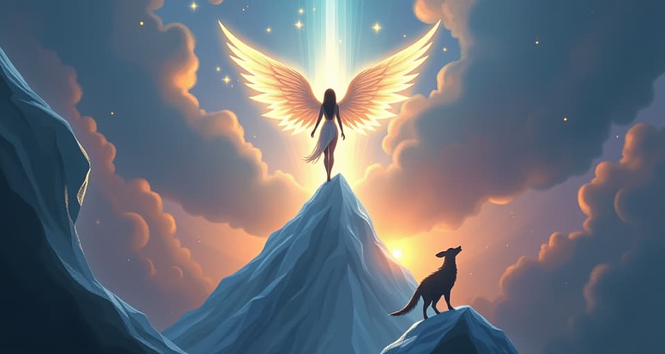  ethereal being with glowing wings standing atop a crystal mountain, emanating a beacon of light. mystical creatures below looking up with hope.. the style is digital art illustration,highly detailed, whimsical,magical, dreamlike atmosphere, realism and fantasy blend, smooth, glossy textures,luminous quality, wonder and enchantment.