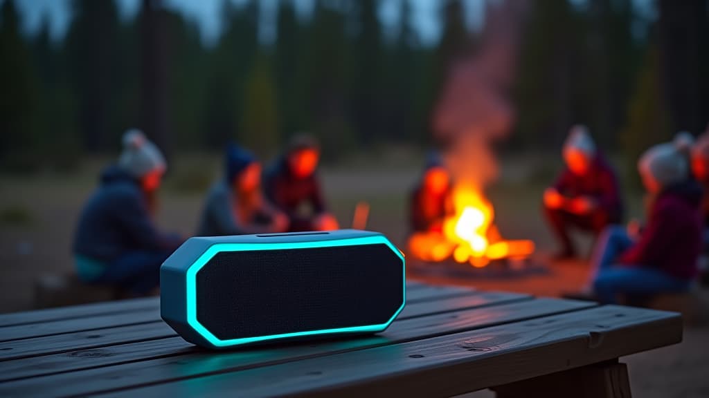  photo of a futuristic portable electric speaker placed on an outdoor camping table surrounded by people sitting around campfires in nature at night.