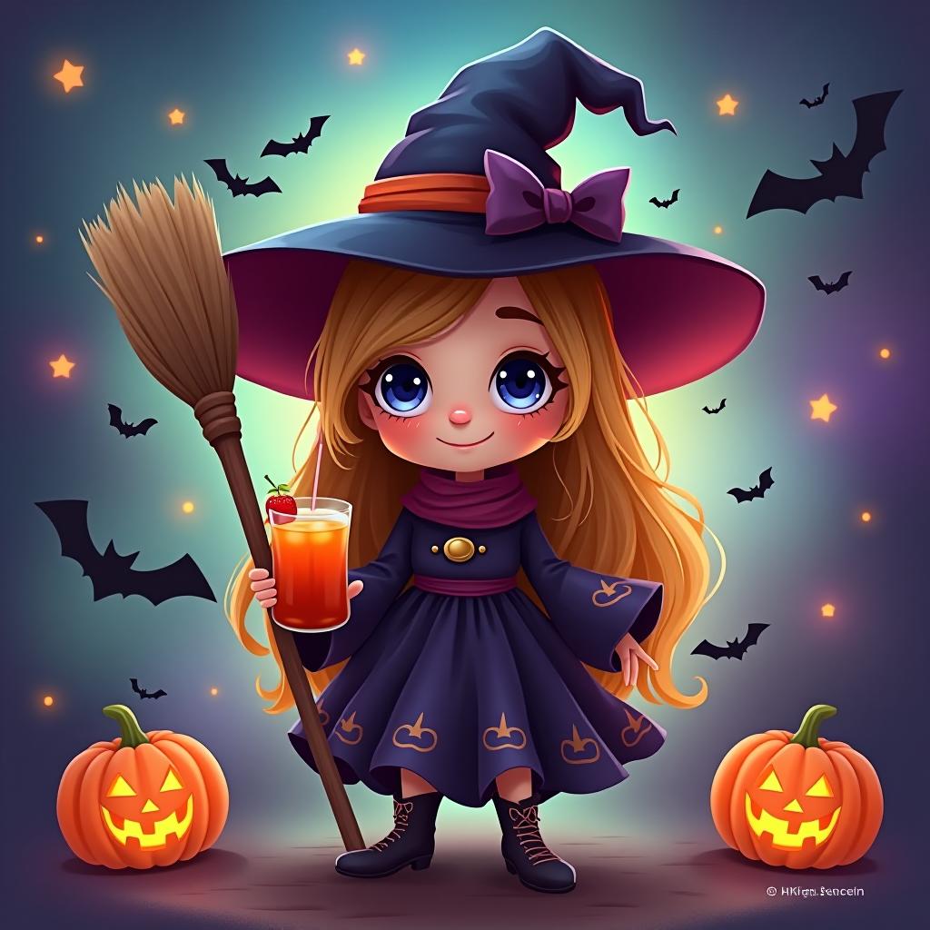  create a digital painting featuring a cute witch character. the witch should be wearing a hat. in one hand, the witch should hold a broomstick, and in the other hand, a halloween themed drink. the background should be colorful and include small black bats, pumpkins and stars to add a playful halloween touch. the overall style should be cute, whimsical, and colorful hyperrealistic, full body, detailed clothing, highly detailed, cinematic lighting, stunningly beautiful, intricate, sharp focus, f/1. 8, 85mm, (centered image composition), (professionally color graded), ((bright soft diffused light)), volumetric fog, trending on instagram, trending on tumblr, HDR 4K, 8K