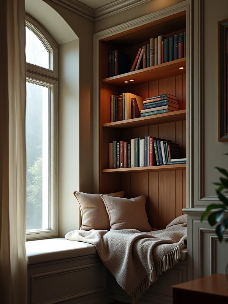  high quality portrait photo of a cozy reading nook with a built in window seat, floating shelves filled with books, and a plush throw blanket hyperrealistic, full body, detailed clothing, highly detailed, cinematic lighting, stunningly beautiful, intricate, sharp focus, f/1. 8, 85mm, (centered image composition), (professionally color graded), ((bright soft diffused light)), volumetric fog, trending on instagram, trending on tumblr, HDR 4K, 8K