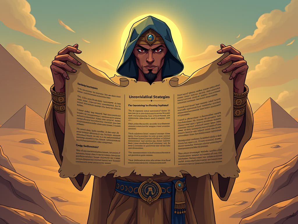  a person presenting an unrolled scroll with unconventional strategies, the background showing the desert and pyramids, mood of innovative problem solving. the style is digital art illustration / modern comic book / mysterious occult, symbolic, esoteric vibe,high detail on character design, incorporating ancient egyptian symbology and attire.