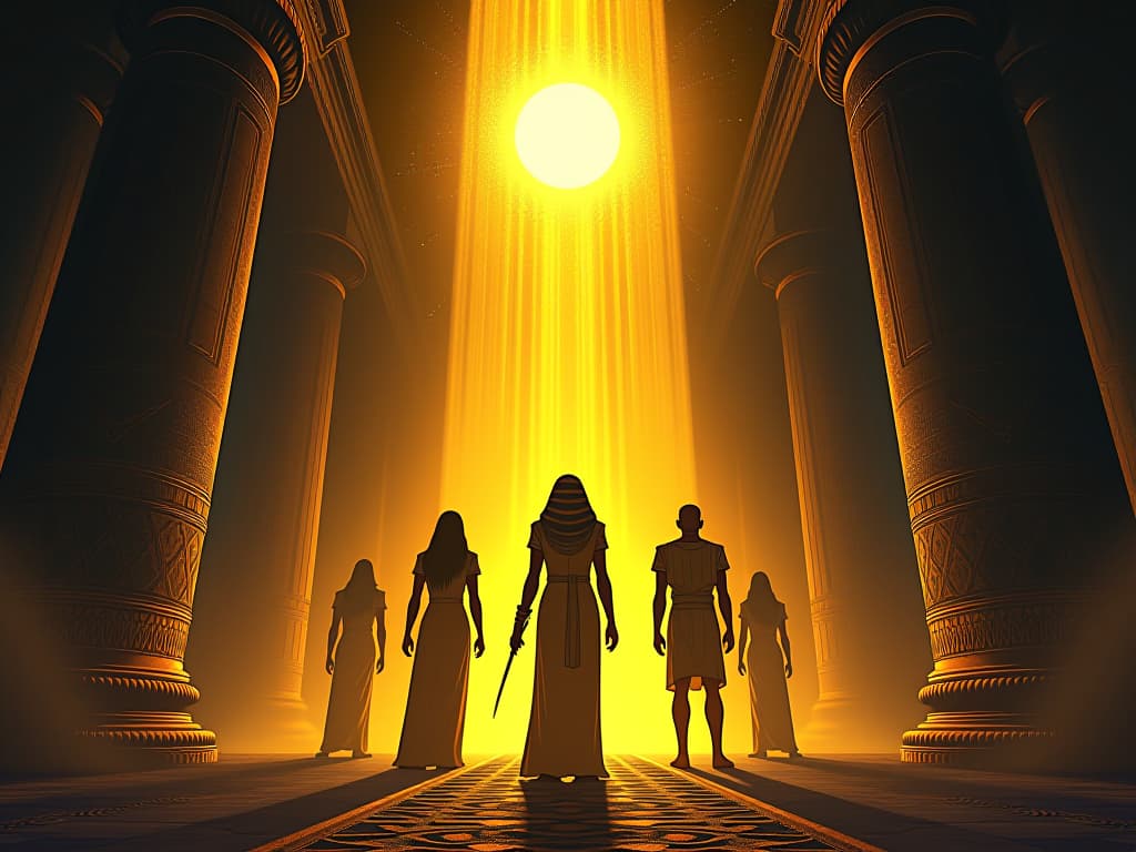  golden glow illuminating darkened corners, where hidden figures stand in awe, light filled with warmth and understanding. the style is digital art illustration / modern comic book / mysterious occult, symbolic, esoteric vibe,high detail on character design, incorporating ancient egyptian symbology and attire.