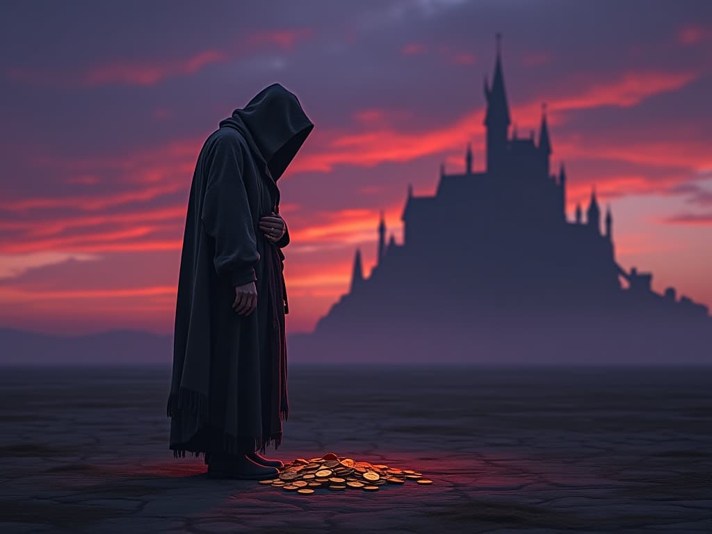  a forlorn, weather worn figure in ragged clothing, standing in a desolate wasteland under a twilight sky. the figure's posture slumped, eyes empty, a scattered pile of gold coins at their feet, symbolizing squandered inheritance, the ground cracked and dry, sky tinged with hues of purple and orange, a dark castle looming in the background, shadows of regret enveloping the scene.. the style is dark fantasy and mysterious occult, symbolic, moody lighting, esoteric vibe,high detail on character design. for the color scheme emphasize blacks and reds.