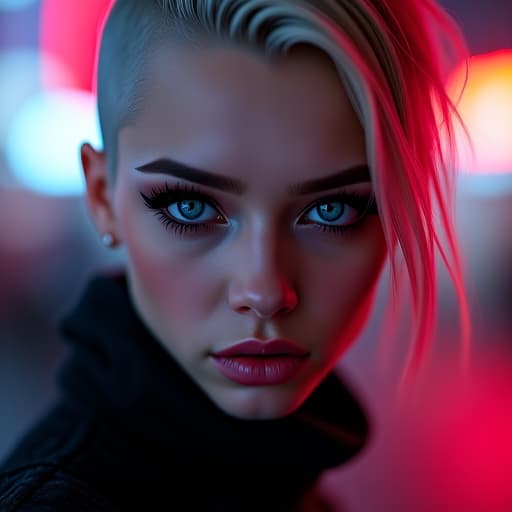  ultra realistic close up portrait ((beautiful pale cyberpunk female with heavy black eyeliner)), blue eyes, shaved side haircut, hyper detail, cinematic lighting, magic neon, dark red city, canon eos r3, nikon, f/1.4, iso 200, 1/160s, 8k, raw, unedited, symmetrical balance, in frame, 8k hyperrealistic, full body, detailed clothing, highly detailed, cinematic lighting, stunningly beautiful, intricate, sharp focus, f/1. 8, 85mm, (centered image composition), (professionally color graded), ((bright soft diffused light)), volumetric fog, trending on instagram, trending on tumblr, HDR 4K, 8K