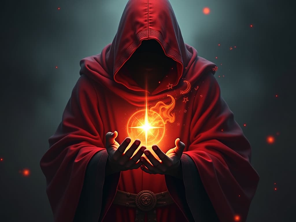  a red hooded figure holding a glowing orb, the light emanating strength, shadows retreating, aura of empowerment, mystic symbols floating. the style is dark fantasy and mysterious occult, symbolic, moody lighting, esoteric vibe,high detail on character design. for the color scheme emphasize blacks and reds.