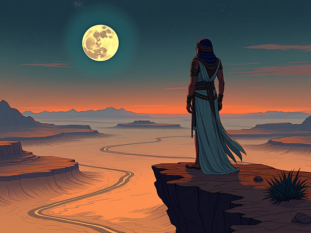  a person standing on the edge of a cliff, overlooking the expansive desert, full moon above, determined stance, feeling of potential and metamorphosis. the style is digital art illustration / modern comic book / mysterious occult, symbolic, esoteric vibe,high detail on character design, incorporating ancient egyptian symbology and attire.