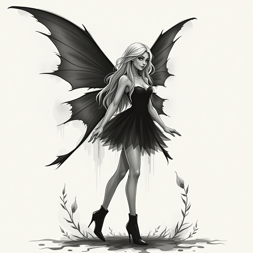  expressionist black and white vector sketch is a beautiful and spicy fairy . wings and quality ery, the fairy's in full height in the and model potion in the plague, shoes in very high beds, in a short dress with very long light hair . raw, emotional, dynamic, distortion for emotional effect, vint, use of unusual colors, detailed hyperrealistic, full body, detailed clothing, highly detailed, cinematic lighting, stunningly beautiful, intricate, sharp focus, f/1. 8, 85mm, (centered image composition), (professionally color graded), ((bright soft diffused light)), volumetric fog, trending on instagram, trending on tumblr, HDR 4K, 8K