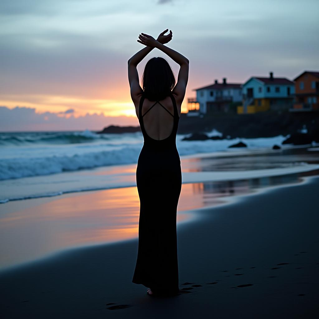  photo 16:9 a girl with shoulder length dark hair, slim, in a long black form fitting dress with an open back is standing by the ocean at sunset. she has raised her hands up and crossed them above her head. she is visible from a great distance in full height, standing on a black sand beach. the ocean is choppy, and volcanic rocks can be seen to the right of the girl. in the background, to the left of the girl, houses of different colors white, blue, yellow, and orange are visible against the ocean. the sunset can be seen behind the houses, reflecting in the ocean and in the sky with shades of blue, orange, and pink.