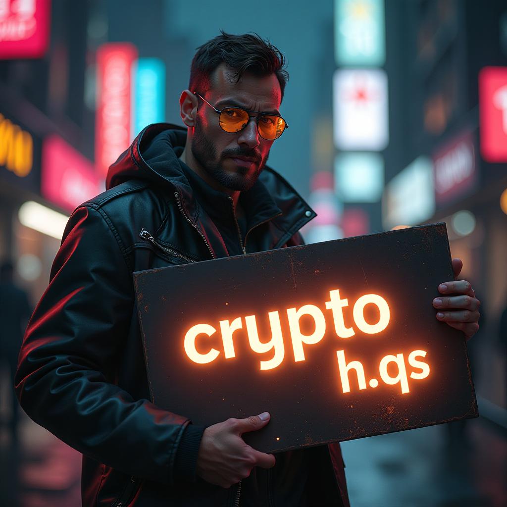  a cyberpunk styled man holding a billboard 'crypto loots hq' written with glowing words in cyberpunk style, and a glowing small dollar logo near the text. negative prompt: "blurry details, distorted facial features, exaggerated body proportions, unnatural lighting, awkward posture, low image quality, messy background, overly sharp shadows, disproportionate limbs, overly harsh facial expressions." hyperrealistic, full body, detailed clothing, highly detailed, cinematic lighting, stunningly beautiful, intricate, sharp focus, f/1. 8, 85mm, (centered image composition), (professionally color graded), ((bright soft diffused light)), volumetric fog, trending on instagram, trending on tumblr, HDR 4K, 8K