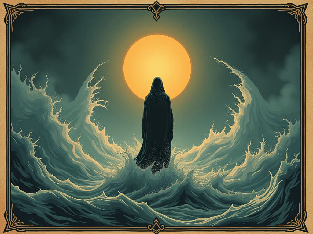  a grounded figure, standing fearless amidst raging waters, figure is stoic, serene, unyielding presence. an illustration in the style of a worn, mystical old tarot trump card, mysterious and elements of surrealism. the colors are muted, somber and eerie, but with contrast bring out an occult and esoteric vibe.