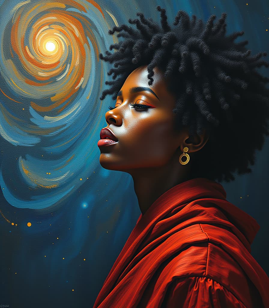  breathtaking masterpiece. (painting, oil painting. creation of the universe:1.5). intense close up. highly detailed strokes, clarity. fantasy style, surrealism. afro. . award winning, professional, highly detailed hyperrealistic, full body, detailed clothing, highly detailed, cinematic lighting, stunningly beautiful, intricate, sharp focus, f/1. 8, 85mm, (centered image composition), (professionally color graded), ((bright soft diffused light)), volumetric fog, trending on instagram, trending on tumblr, HDR 4K, 8K