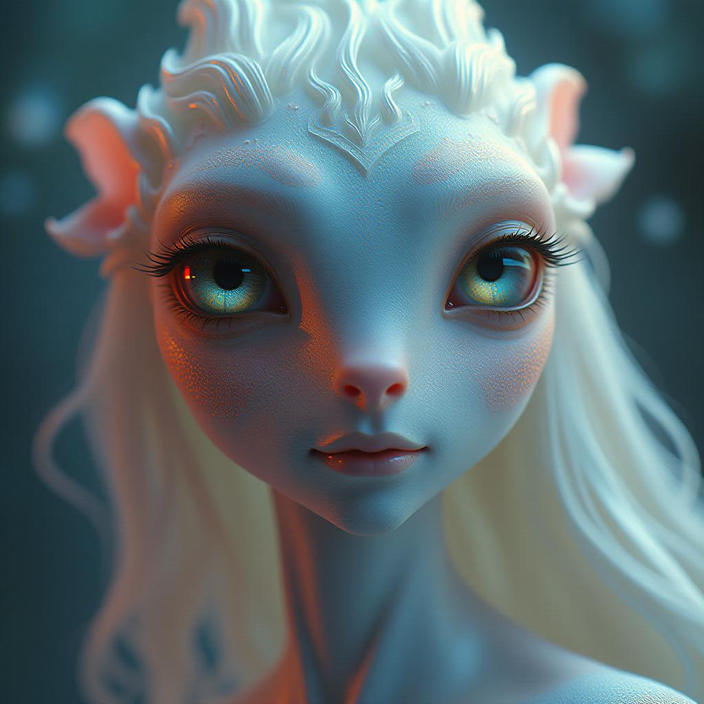  layer 1: a majestic, ethereal creature with iridescent skin that shimmers like the surface of a pearl. its face is adorned with delicate, swirling patterns reminiscent of celestial bodies, and its eyes gleam with a soft, luminescent light. the creature's features are both elegant and whimsical, with oversized eyes, a gentle nose, and a mouth that curves into a serene smile. its hair flows like a river of starlight, cascading down its back in wavy locks. hyperrealistic, full body, detailed clothing, highly detailed, cinematic lighting, stunningly beautiful, intricate, sharp focus, f/1. 8, 85mm, (centered image composition), (professionally color graded), ((bright soft diffused light)), volumetric fog, trending on instagram, trending on tumblr, HDR 4K, 8K