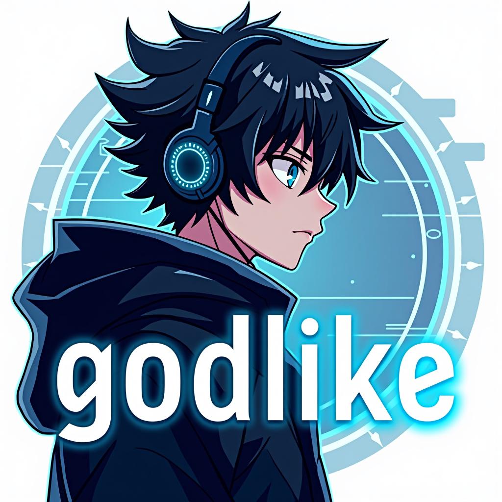  good quality, high quality, anime style profile picture design of a handsome boy with sharp, angular features, dark spiky hair, and glowing blue eyes, wearing a futuristic headset and sleek black outfit. the word "godlike" is in bold, stylized font with neon blue accents, in front of a digital design backdrop.