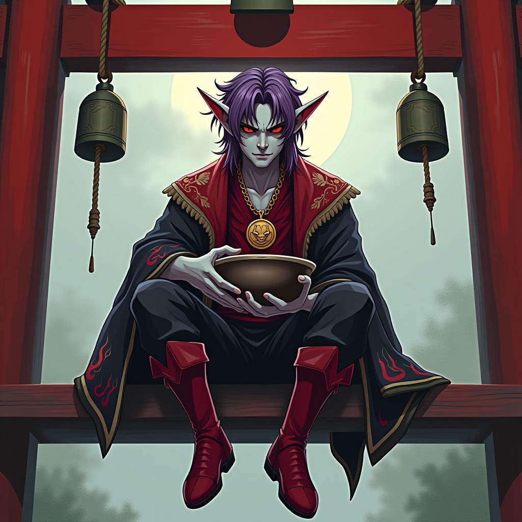  horror themed ringo sits on the upper beam of the high red gate theories on which thin ropes hang bells in front of the shinto temple in his left hand at ringo's wide bowl of sake to the edges filled with alcohol ringo pirate is depicted in full growth a young mature dark male elf with marble white skin, purple scarlet hair, ringo wears a disheveled hairstyle of medium length, sharpened ear tips, lavender red eyes, wears a burgundy shirt with gold embroidery, in addition, he wears a dark red snake skin jacket with silver embroidery in the form of flames on the legs of the trousers also from snake skins in the middle size skin. around his neck is a gold chain with a medium sized gold medallion. the medallion depicts an angry smirking fox 