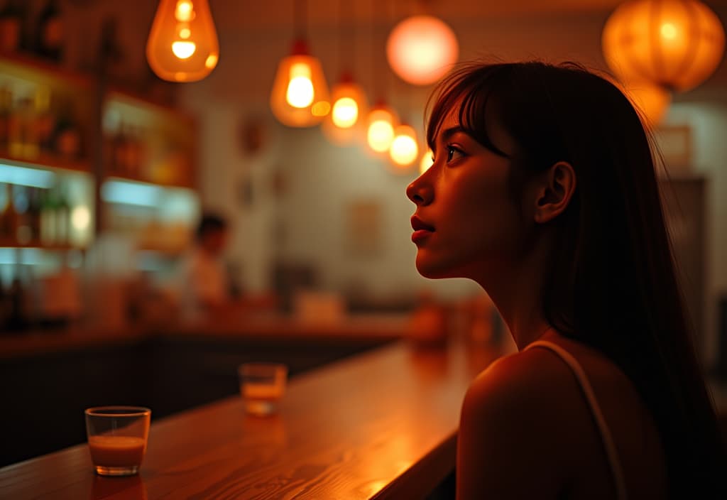  girl in the bar looking away, in the style of hallyu, soft, romantic scenes, zeiss batis 18mm f/2.8, strong facial expression, romantic use of light, dark orange and light brown, realistic scenes