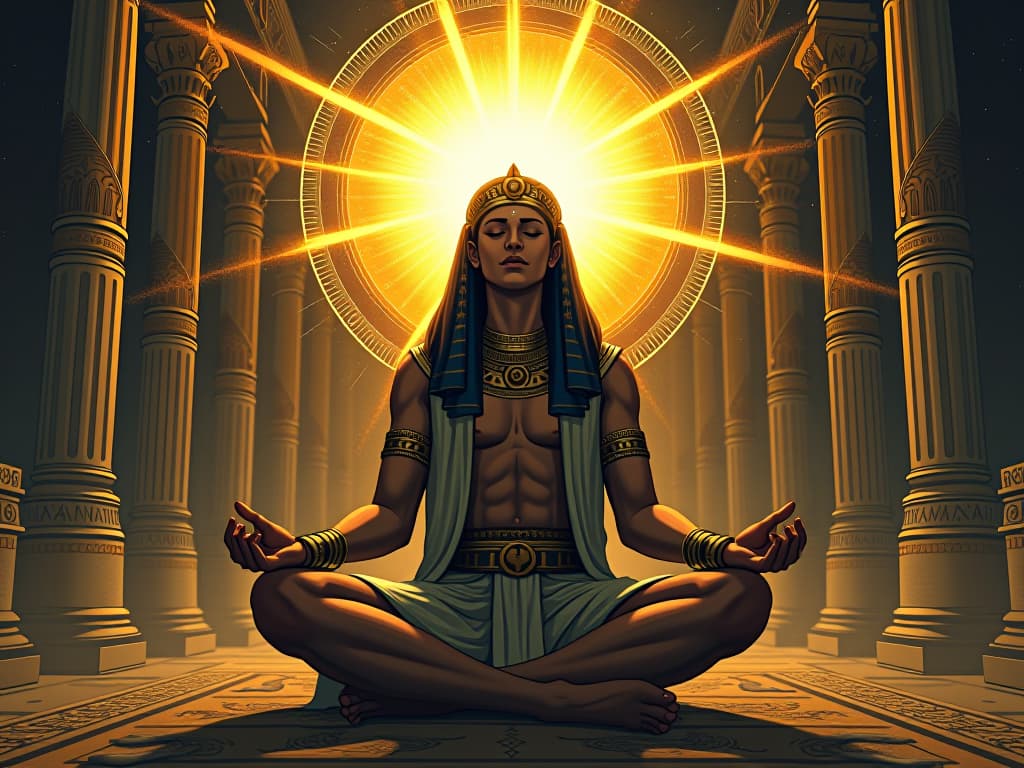  a figure in deep meditation, illuminated by a cosmic light, surrounded by ancient texts and symbols, drawing upon universal wisdom. the style is digital art illustration / modern comic book / mysterious occult, symbolic, esoteric vibe,high detail on character design, incorporating ancient egyptian symbology and attire.