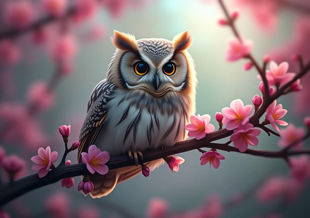  cute owl perched on branch with pink flowers in magical forest, high quality, high details, hd, perfect composition, 4k epic detailed, highly detailed, sharp focus, high resolution