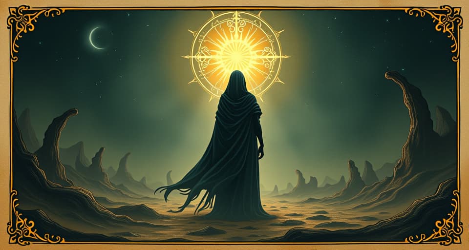  a luminous figure radiating light in a shadowy wasteland, restoring life and order as they move, transformation, hope, renewal. an illustration in the style of a worn, mystical old tarot trump card, mysterious and elements of surrealism. the colors are muted, somber and eerie, but with contrast bring out an occult and esoteric vibe.