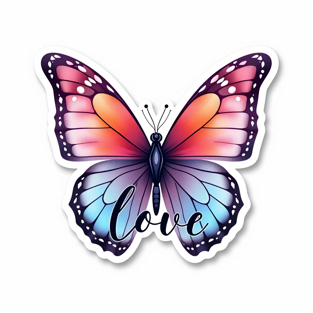  design a logo, custom sticker design on an isolated white background decorated by watercolor butterfly, with the text ‘love’