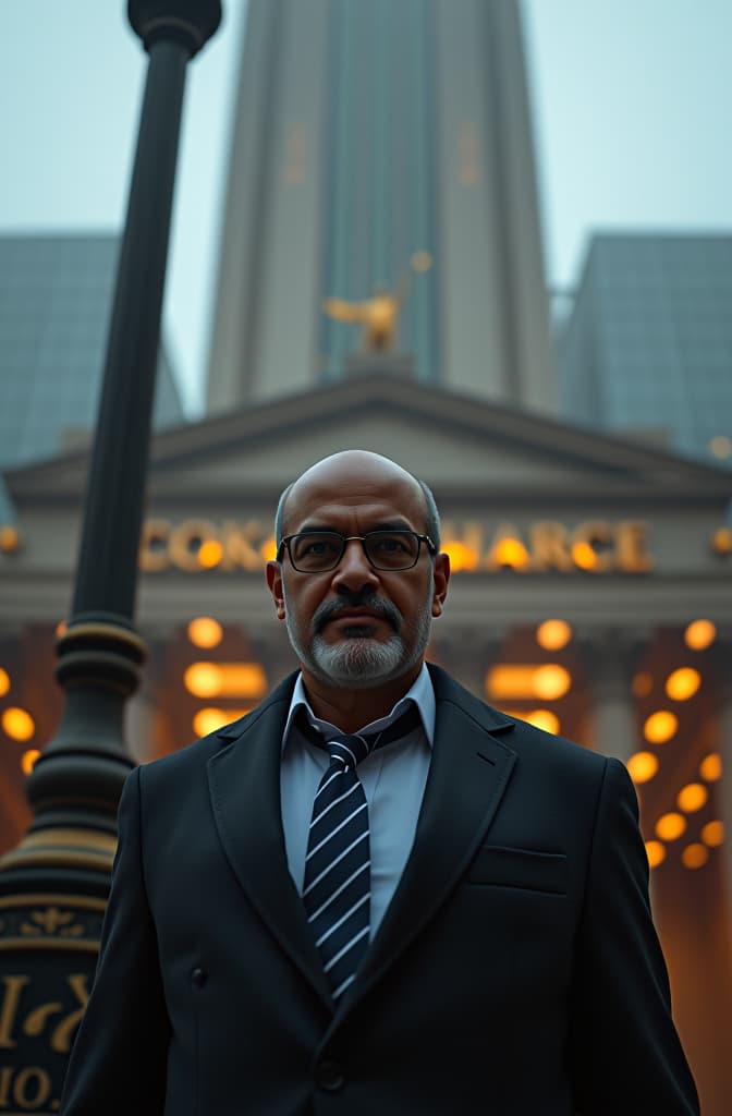  harshad mehta portrait: a confident harshad mehta standing in front of the bombay stock exchange, with a slight smirk, symbolizing his dominance in the market., realistic, portrait, art by donato giancola and greg rutkowski, realistic face, digital art, trending on artstation hyperrealistic, full body, detailed clothing, highly detailed, cinematic lighting, stunningly beautiful, intricate, sharp focus, f/1. 8, 85mm, (centered image composition), (professionally color graded), ((bright soft diffused light)), volumetric fog, trending on instagram, trending on tumblr, HDR 4K, 8K