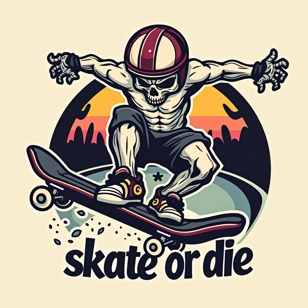  design a logo, naked skull with helmet skateboarding doing front side grind in a bowl, with the text 'skate or die'.