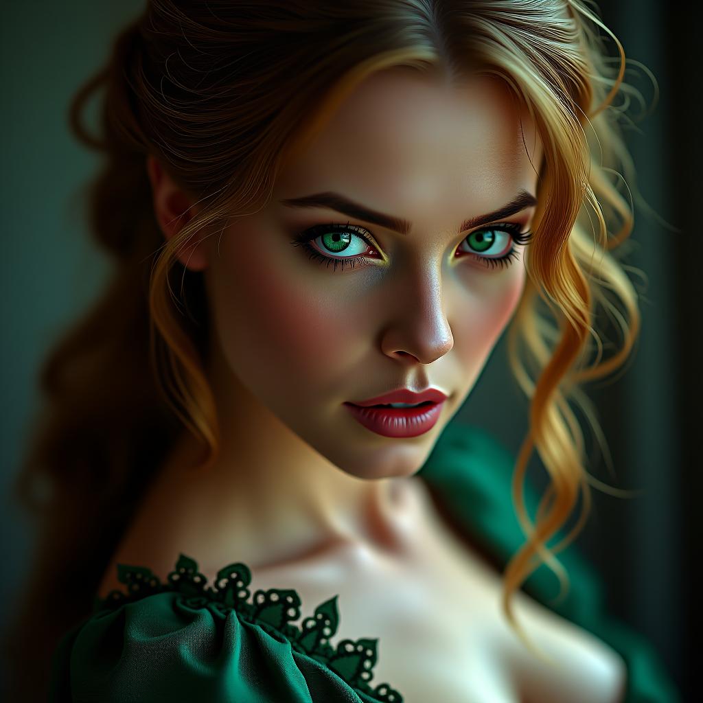  high quality portraiture capturing a bewitching lady with fierce green eyes and ethereal beauty representing the parody version of triss merigold from the witcher series. shot in soft lighting with a leica q2 and a 28mm f/1.7 lens, the focus should be on her expressive eyes and semi exposed physique. hyperrealistic, full body, detailed clothing, highly detailed, cinematic lighting, stunningly beautiful, intricate, sharp focus, f/1. 8, 85mm, (centered image composition), (professionally color graded), ((bright soft diffused light)), volumetric fog, trending on instagram, trending on tumblr, HDR 4K, 8K