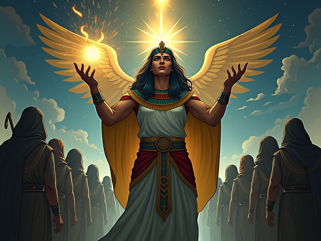  an enlightened figure, holding a beacon of light, surrounded by followers, inspiring others in their quest. the style is digital art illustration / modern comic book / mysterious occult, symbolic, esoteric vibe,high detail on character design, incorporating ancient egyptian symbology and attire.