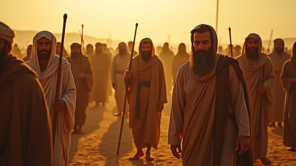  history of biblical times, a group of israelites in despair, suffering under the heavy hand of the midianites, showcasing their sadness and hopelessness in a harsh desert environment. hyperrealistic, full body, detailed clothing, highly detailed, cinematic lighting, stunningly beautiful, intricate, sharp focus, f/1. 8, 85mm, (centered image composition), (professionally color graded), ((bright soft diffused light)), volumetric fog, trending on instagram, trending on tumblr, HDR 4K, 8K