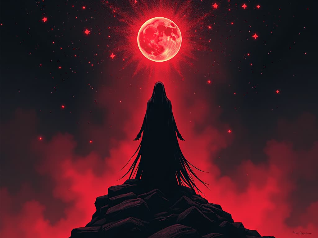  figure standing amidst stars, aura of harmony and inner peace, mood of profound tranquility. the style is digital art illustration / modern comic book / graphic dark novel fantasy and mysterious occult, symbolic, moody lighting, esoteric vibe,high detail on character design. for the color scheme emphasize blacks and reds.