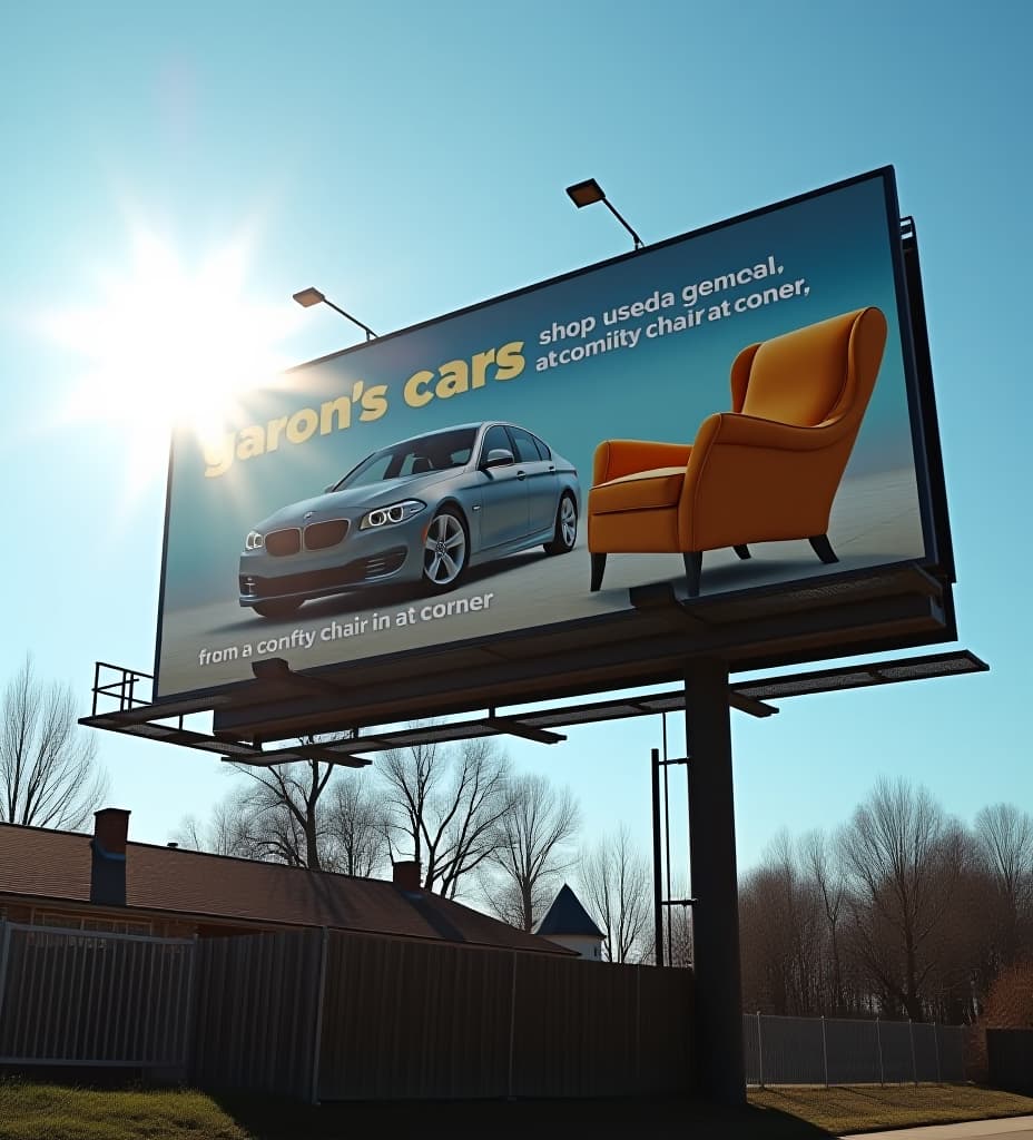  photo of a billboard in chicago, for a car dealer with a car and a chair on it and a that says "garon's lot" in big letters, and "shop used cars at great prices, from a comfy chair in the corner" dynamic lighting, sun glare